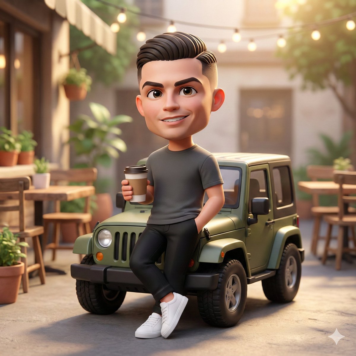 A cute 3D chibi-style character leaning against a parked mini chibi Jeep, wearing a clean monoch