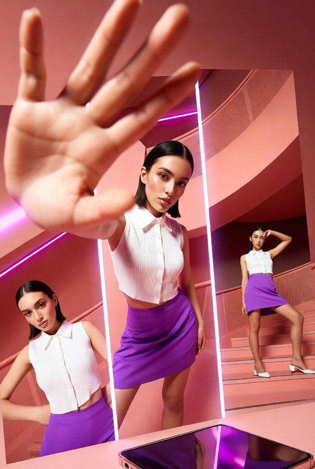 A vibrant, high-fashion commercial photoshoot featuring a young stylish woman posing in multiple 2
