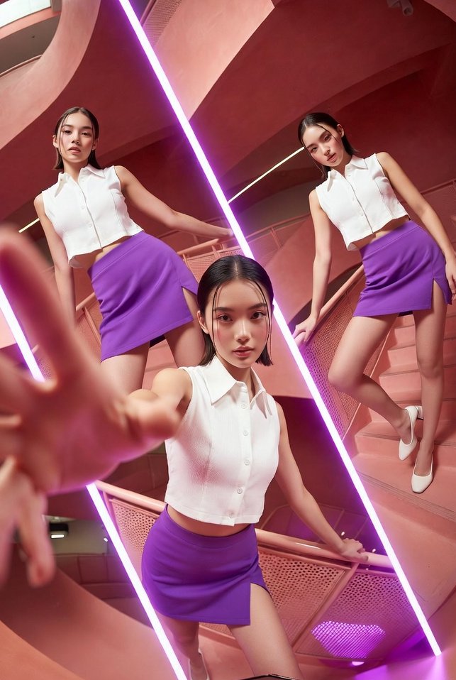 A vibrant, high-fashion commercial photoshoot featuring a young stylish woman posing in multiple