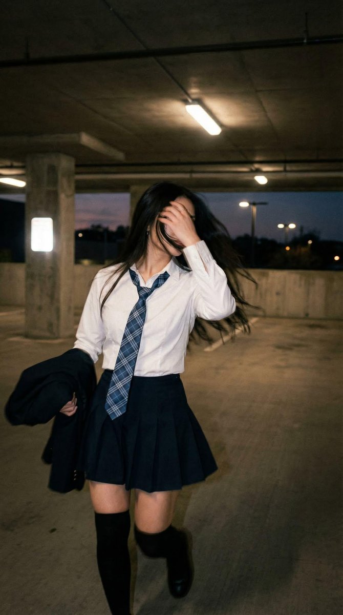 Candid portrait of a young woman in a dim parking garage, wearing a white shirt with a blue plai 3