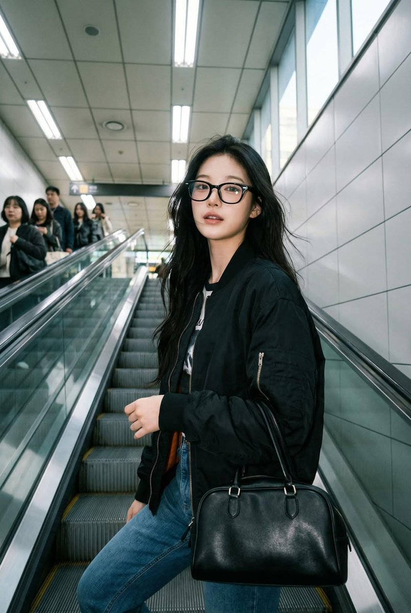Photorealistic iPhone candid of a woman on an escalator, using the exact face and identity from  3