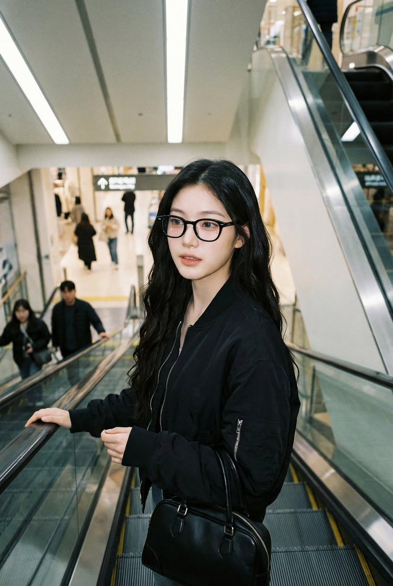 Photorealistic iPhone candid of a woman on an escalator, using the exact face and identity from 